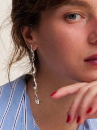 Eudocia Earrings — Silver drop earrings on model, detail — MYFASHIONFRUIT