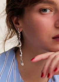 Eudocia Earrings — Silver drop earrings on model, detail — MYFASHIONFRUIT