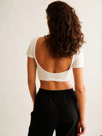 Ballerina Crop Top — White top with low back on model — MYFASHIONFRUIT