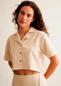 Casha Shirt — Beige linen button-up shirt on model — MYFASHIONFRUIT
