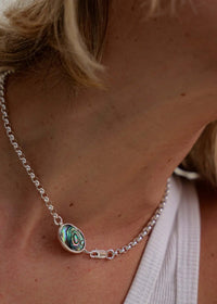 Semele Necklace — silver chain with shell detail on model — MYFASHIONFRUIT