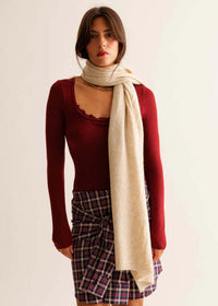 Naella Scarf — Beige wool scarf on model — MYFASHIONFRUIT