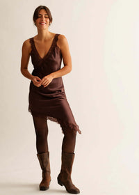 Salome Dress — Brown lace slip dress on model — MYFASHIONFRUIT
