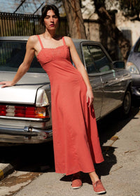 Adriana Dress — Red dress with floral detail on model — MYFASHIONFRUIT