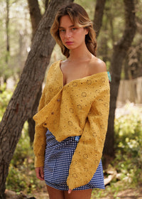 Meadow Cardi — Mustard yellow crochet cardigan on model — MYFASHIONFRUIT