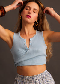 Sandria Top — Light blue knit crop top on model — MYFASHIONFRUIT