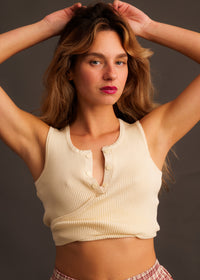Sandria Top — On model in cream ribbed crop top — MYFASHIONFRUIT
