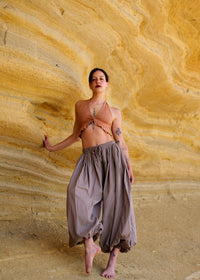 Sol Balloon Pants — Model wearing gray balloon pants with brown top — MYFASHIONFRUIT