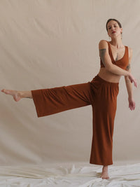 Woman wearing the Tender Pants in brown, wide leg, high waist — MYFASHIONFRUIT