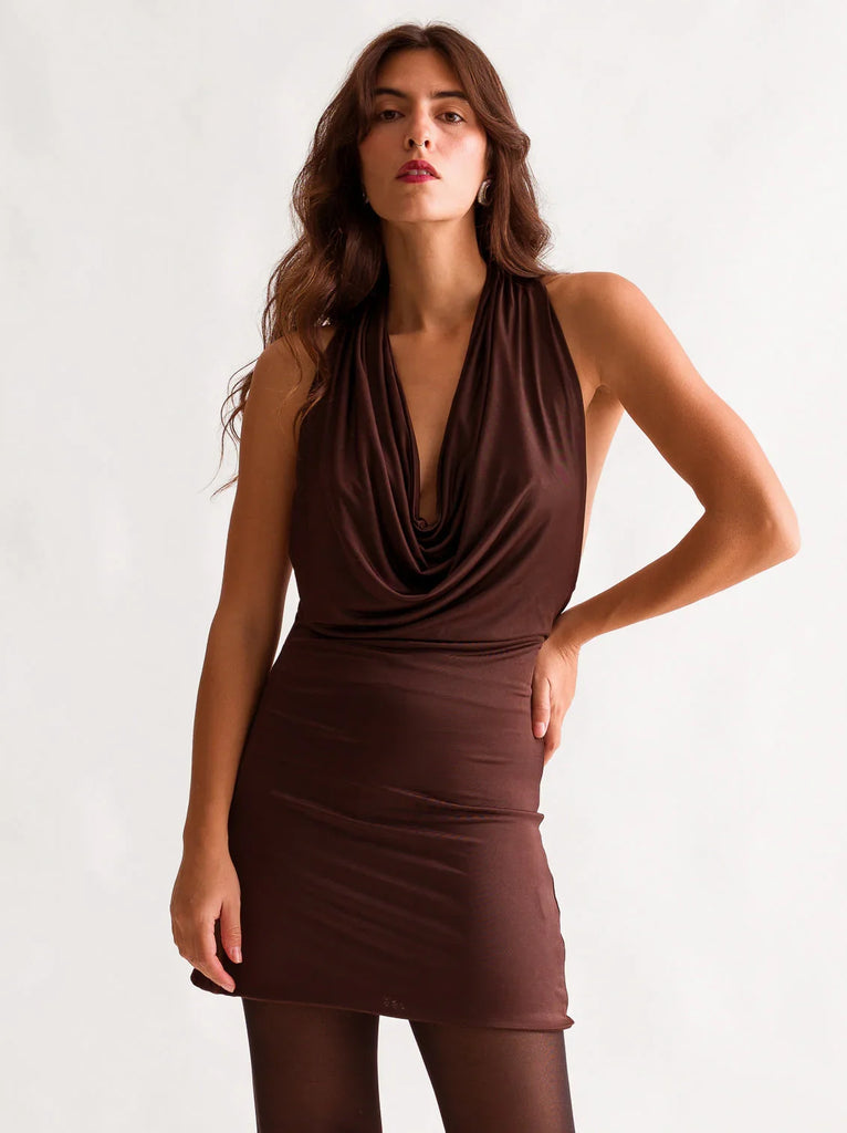 Jacinta Dress — Brown halter dress on model — MYFASHIONFRUIT