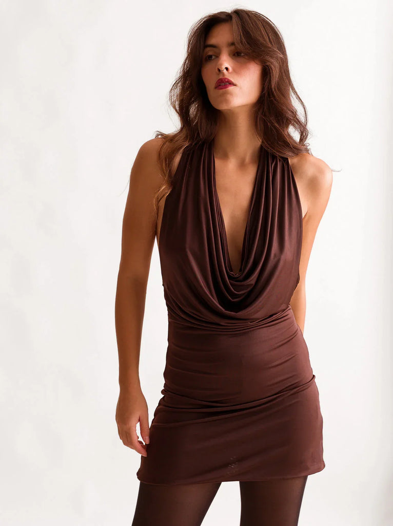 Jacinta Dress — Brown cowl neck dress on model — MYFASHIONFRUIT