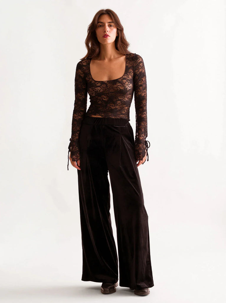 Morena Pants — black velvet wide-leg, on model — MYFASHIONFRUIT