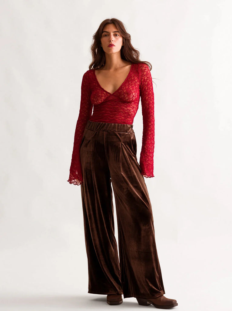 Morena Pants — Brown velvet pants on model — MYFASHIONFRUIT