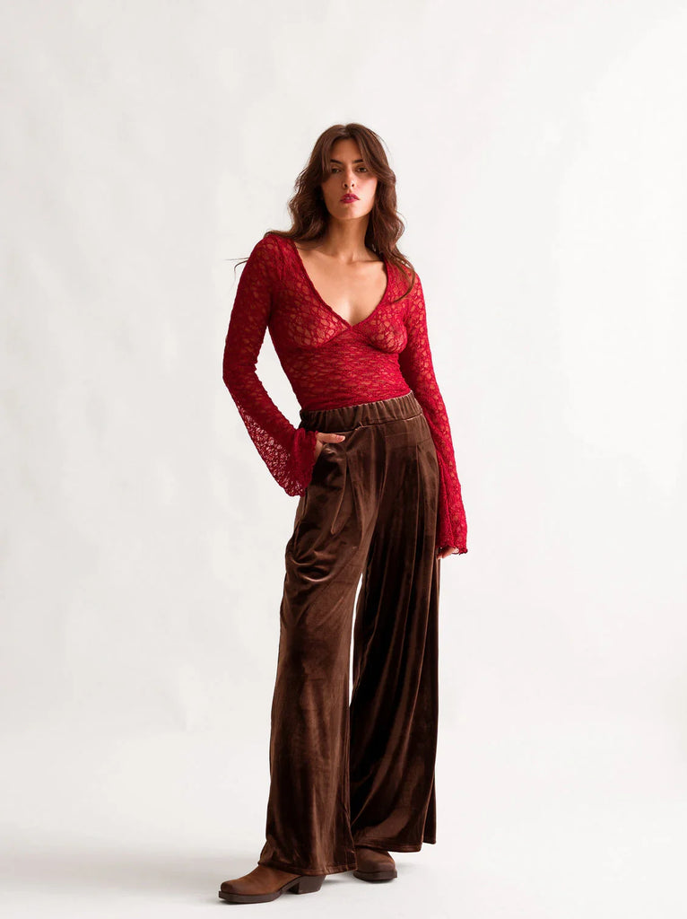 Morena Pants — Brown velvet pants on model — MYFASHIONFRUIT