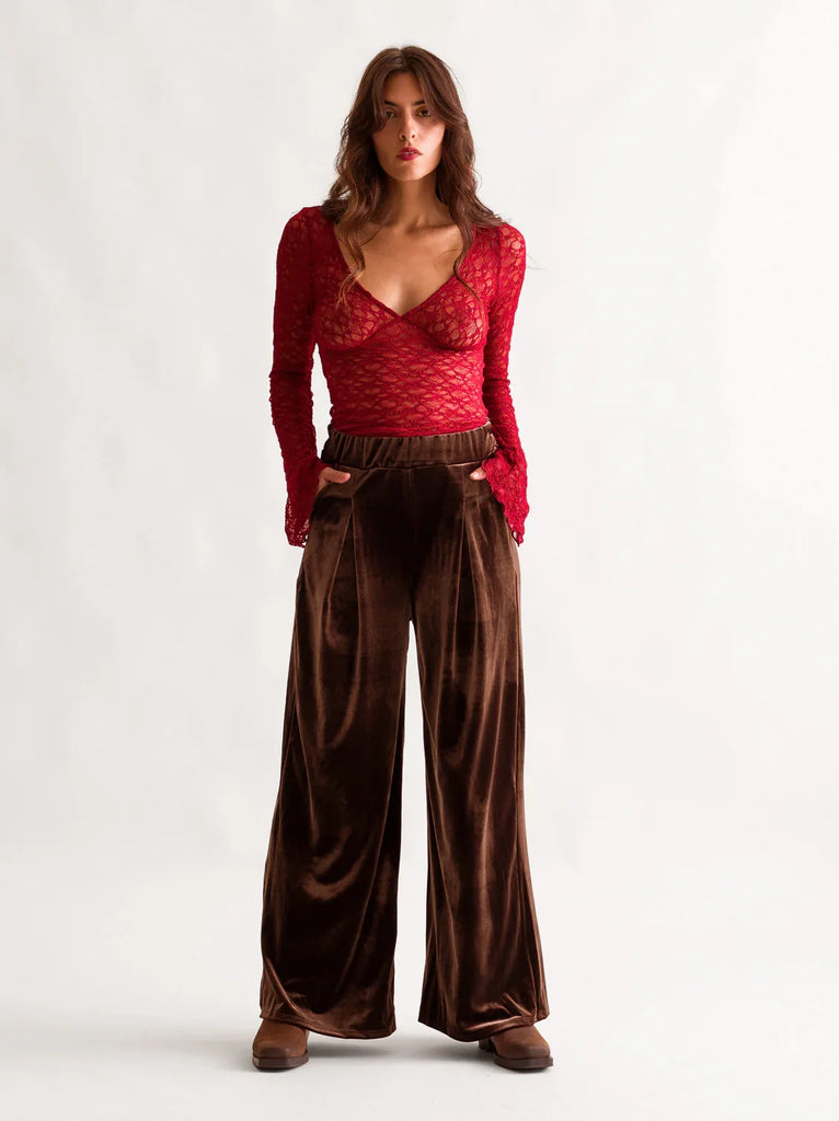 Morena Pants — Brown velvet on model — MYFASHIONFRUIT