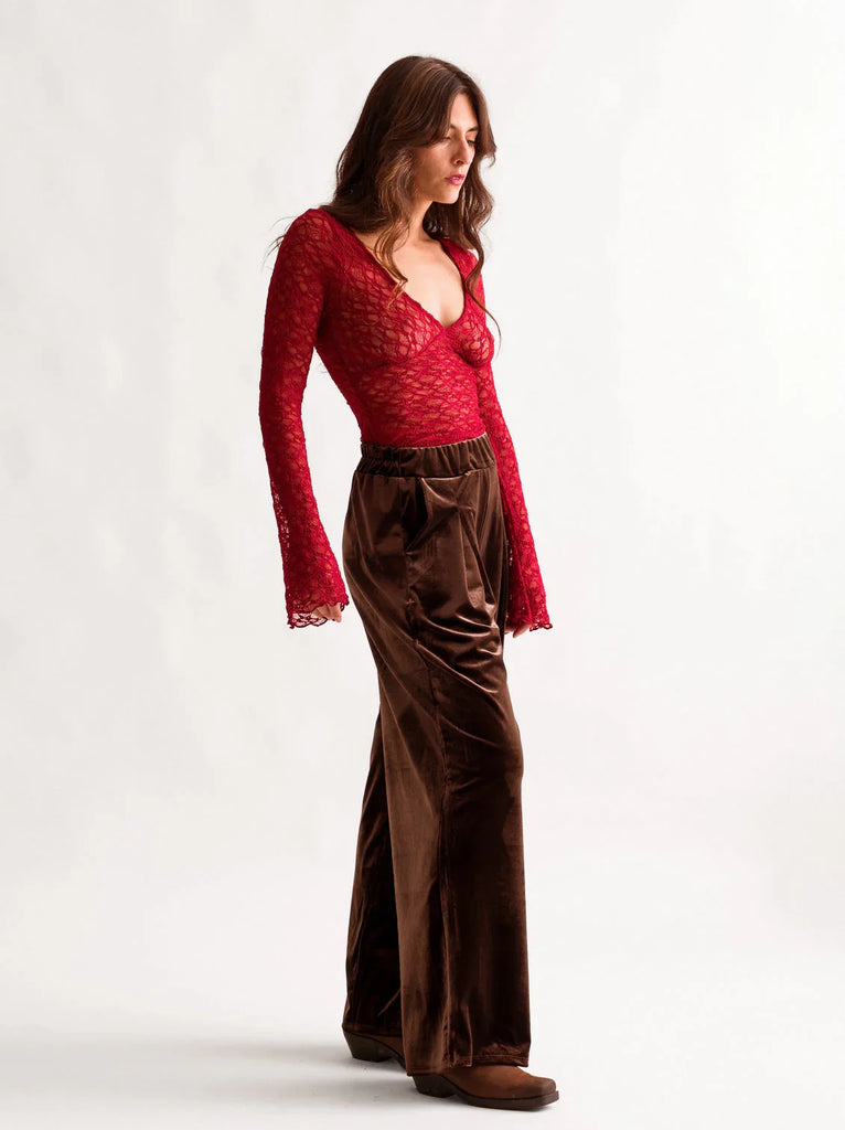 Morena Pants — Brown velvet pants on model — MYFASHIONFRUIT