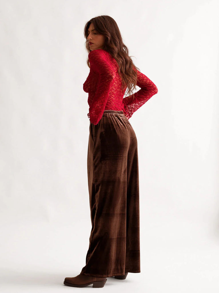 Morena Pants — Brown velvet wide-leg pants on model — MYFASHIONFRUIT