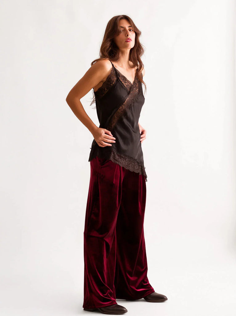 Morena Pants — Red velvet wide leg pants on model — MYFASHIONFRUIT