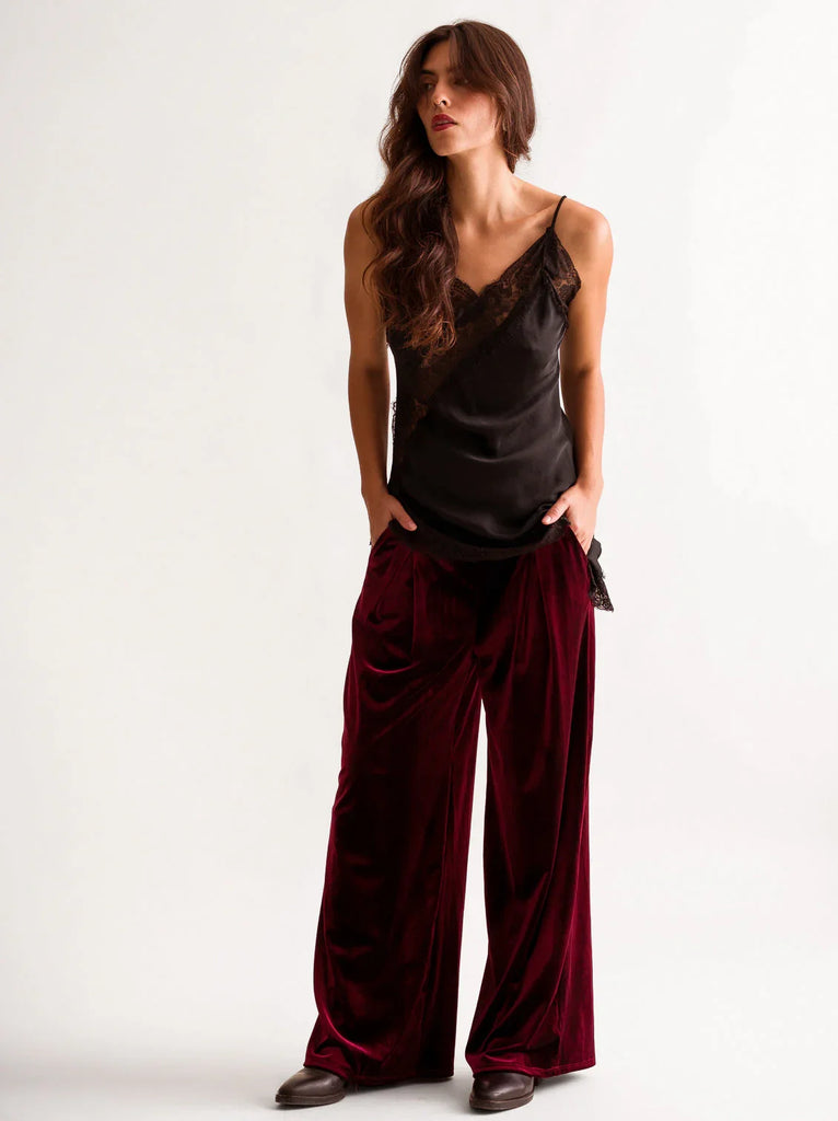 Morena Pants — Burgundy velvet wide-leg pants on model — MYFASHIONFRUIT