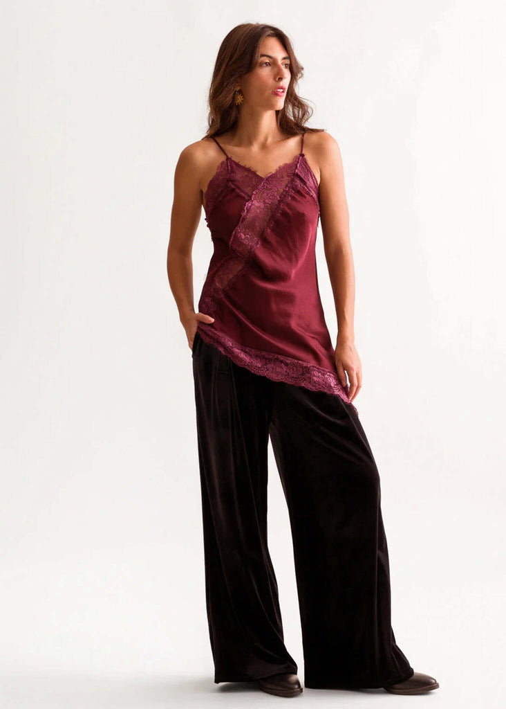 Bella Top — Burgundy lace satin top on model — MYFASHIONFRUIT