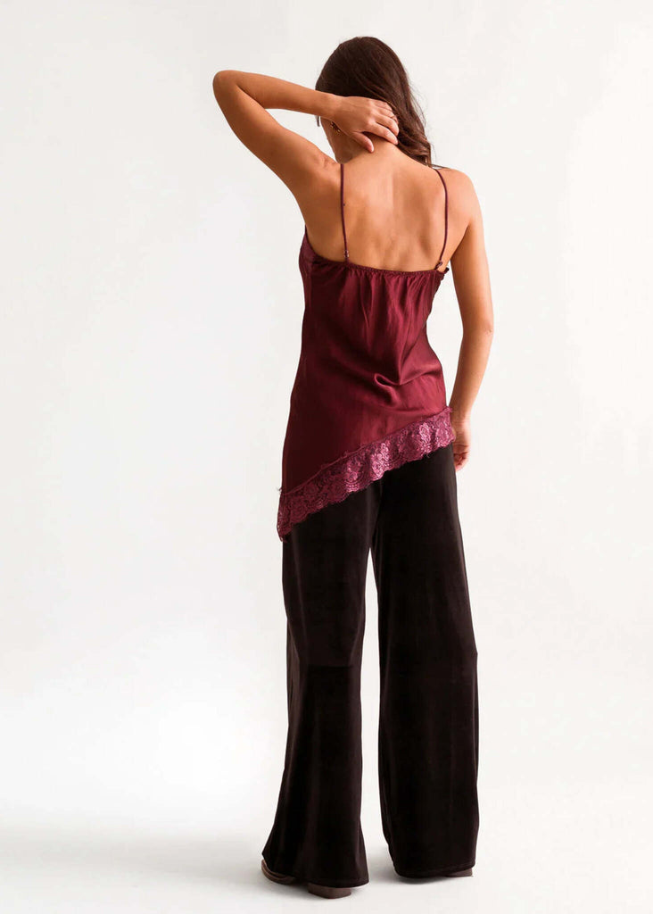 Bella Top — Burgundy lace trim top on model — MYFASHIONFRUIT