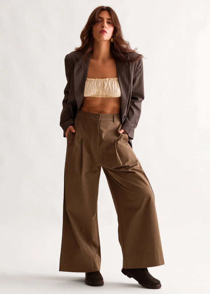 Cielo Top — Beige top on model with brown trousers & blazer — MYFASHIONFRUIT