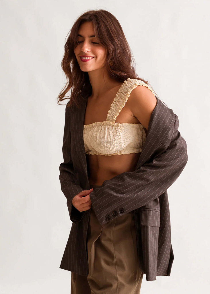 Cielo Top — Beige smocked top on model with blazer — MYFASHIONFRUIT
