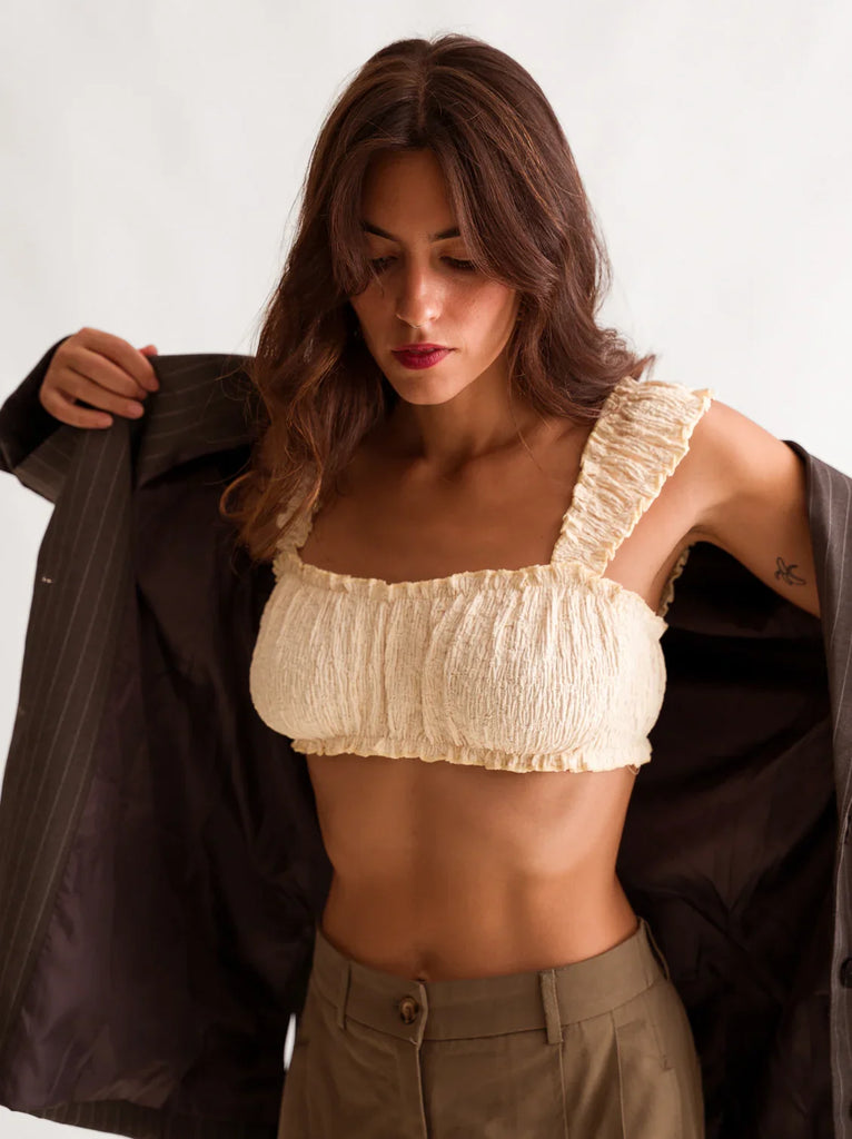 Cielo Top — Crinkled beige top on model — MYFASHIONFRUIT