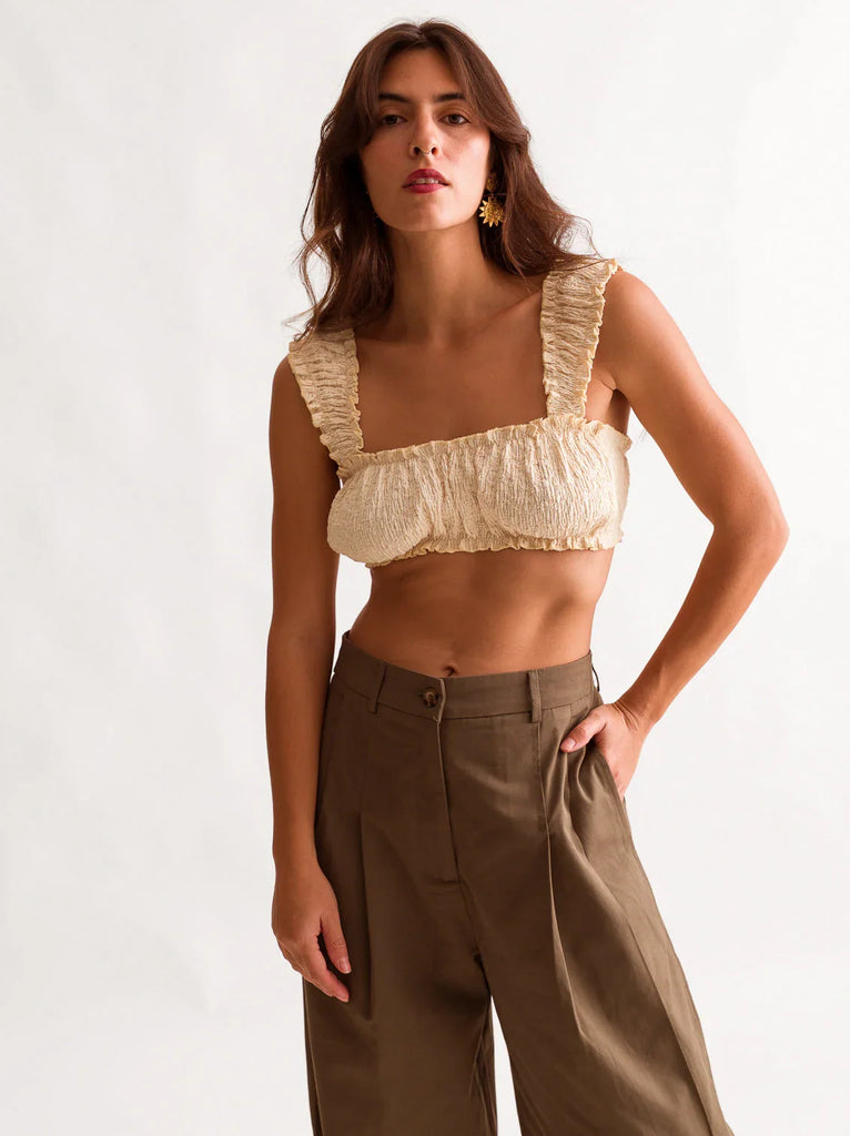 Cielo Top — Beige smocked crop top on model — MYFASHIONFRUIT
