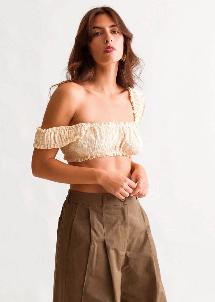 Cielo Top — Light yellow smocked top on model — MYFASHIONFRUIT