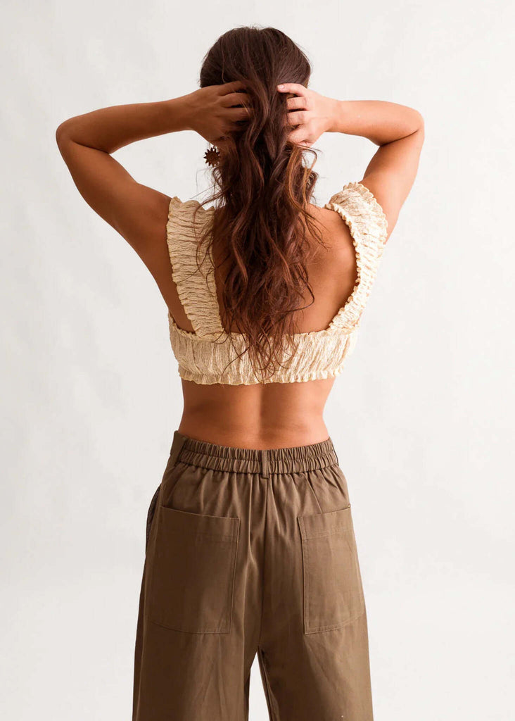 Cielo Top — Cream crop top on model, olive pants — MYFASHIONFRUIT