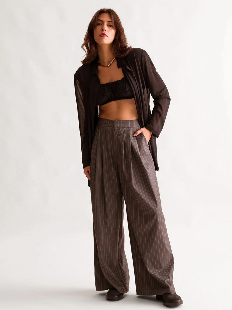Cielo Top — on model, with brown shirt and striped trousers — MYFASHIONFRUIT