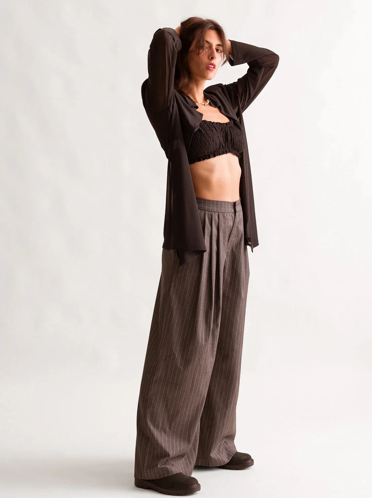 Cielo Top — Black on model, with brown pinstripe trouser — MYFASHIONFRUIT