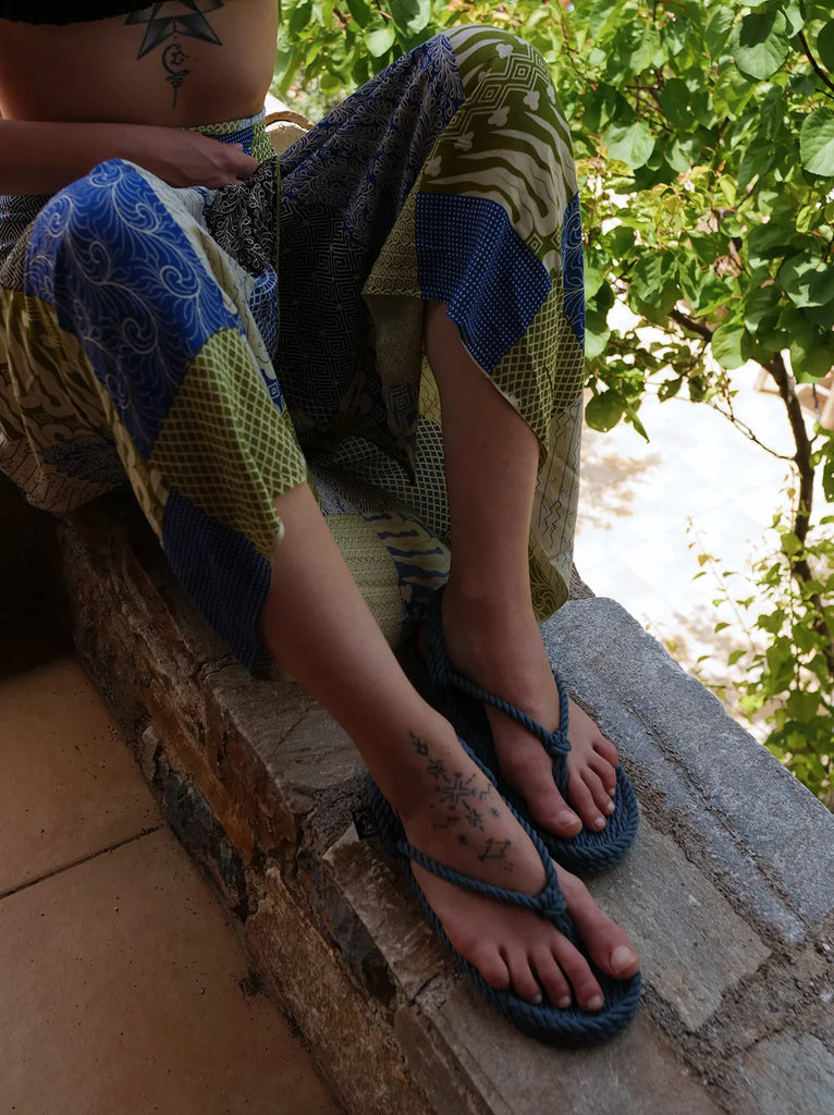 Flop Denim Sandals — Denim sandals on model with patterned pants — MYFASHIONFRUIT