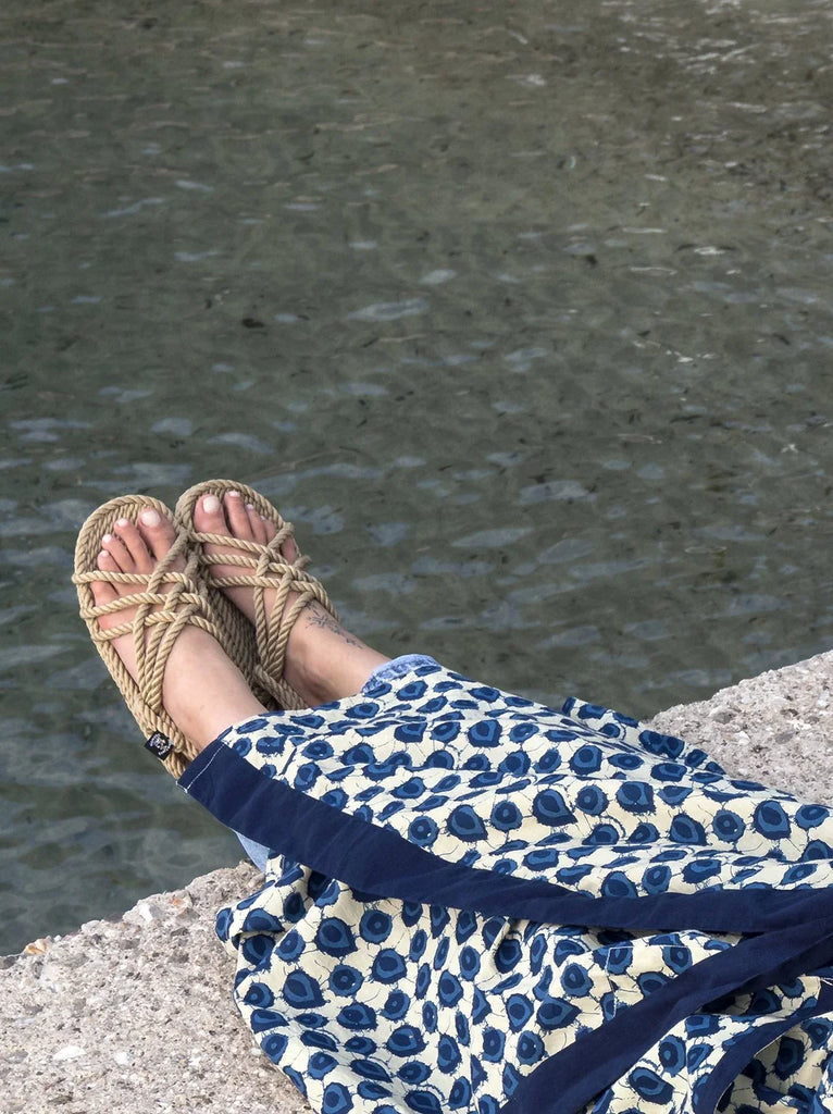 JC Camel Sandals — rope sandals on model with blue skirt — MYFASHIONFRUIT