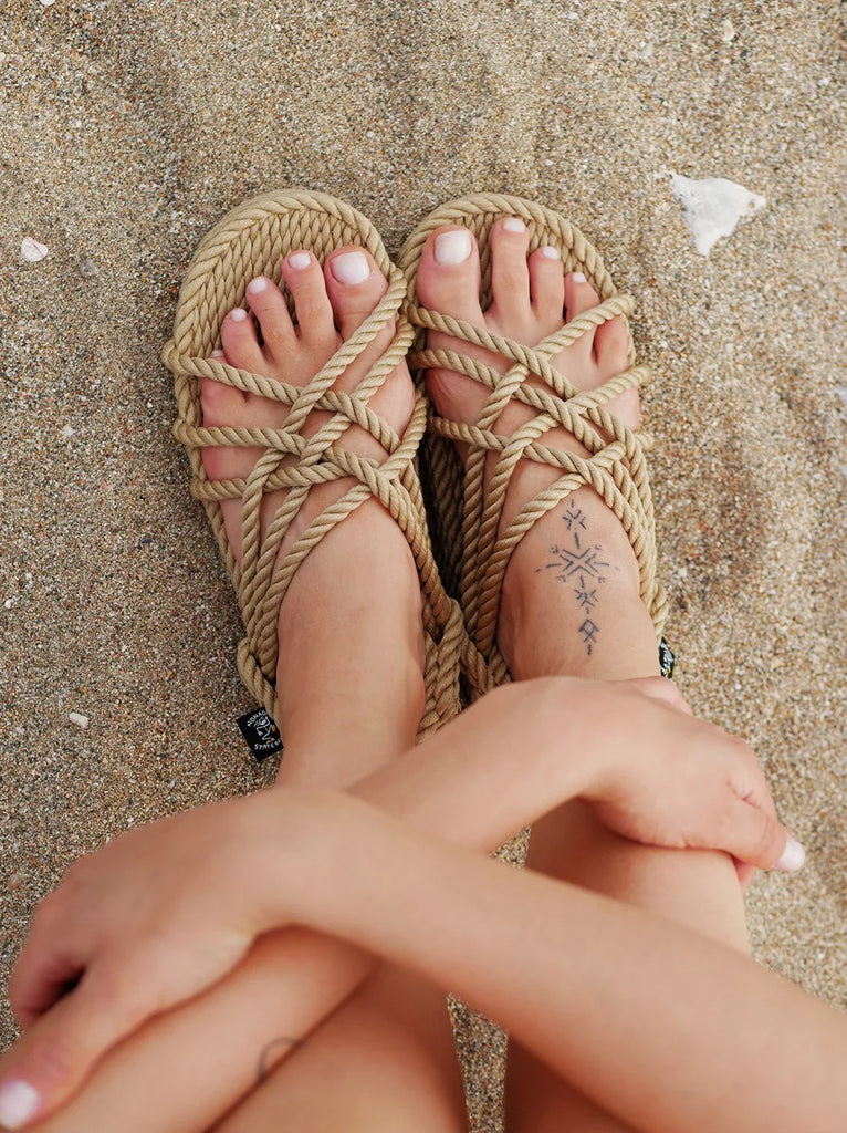 JC Camel Double Decker Sandals — rope sandals on model on sand — MYFASHIONFRUIT