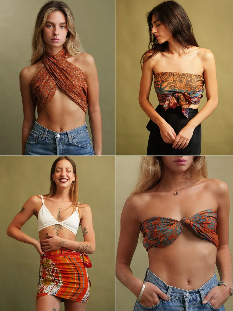 Bijal Silk Scarf - Oranges — patterned scarf styled as tops and skirt on models — MYFASHIONFRUIT