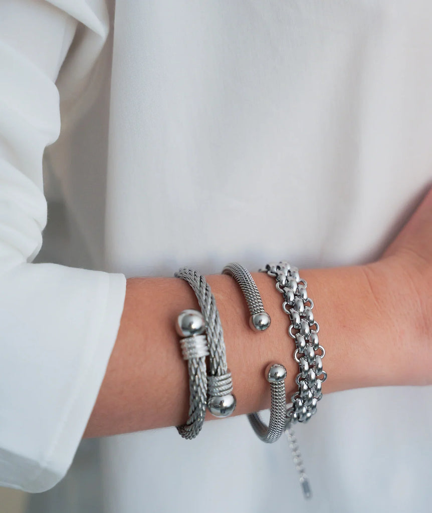Bethany Bracelet — Silver bracelets on model, detail — MYFASHIONFRUIT