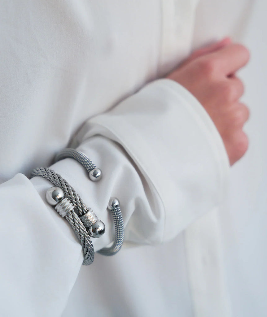 Bethany Bracelet — silver cuffs on model, detail — MYFASHIONFRUIT