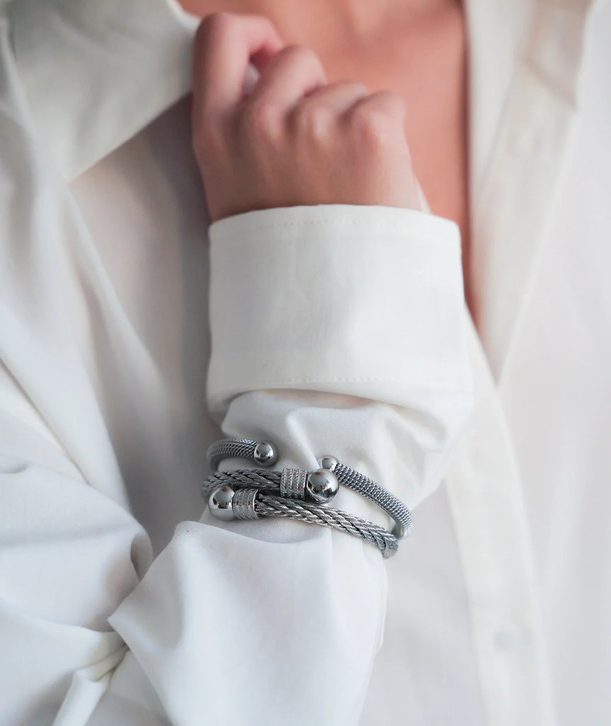 Bethany Bracelet — Silver bracelets detail on model — MYFASHIONFRUIT