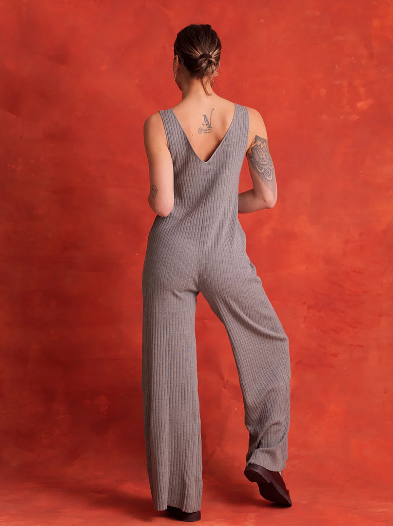 Laury Jumpsuit — Gray ribbed knit on model (back view) — MYFASHIONFRUIT