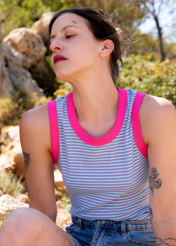 Ray Tank Top — Striped rib tank top with pink trim on model — MYFASHIONFRUIT