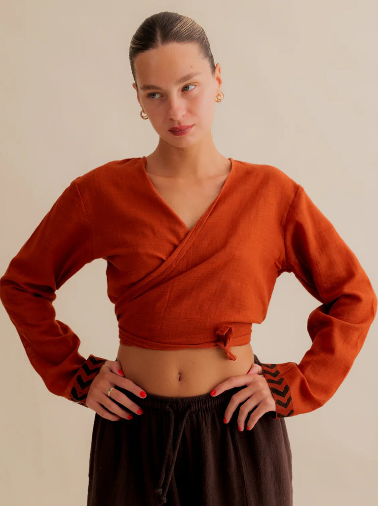 Zoe Wrap Top — Orange wrap top on model — MYFASHIONFRUIT