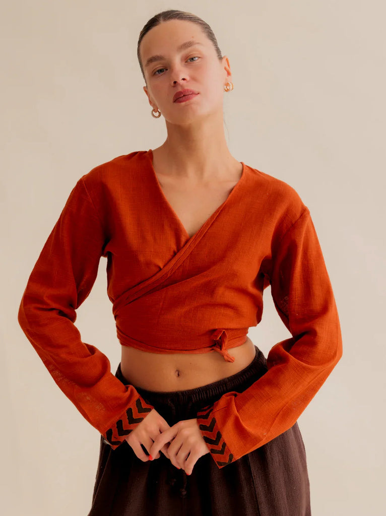 Zoe Wrap Top — Orange wrap top, on model — MYFASHIONFRUIT