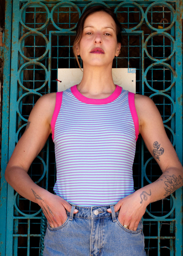 Ray Tank Top — Striped tank top with pink trim on model — MYFASHIONFRUIT