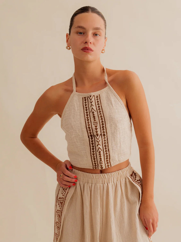 Ellie Top — Beige halter top with embroidery, on model — MYFASHIONFRUIT
