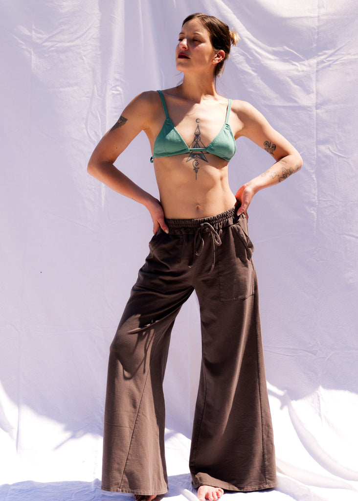 Serenity Wide Sweatpants — Brown wide leg sweatpants on model — MYFASHIONFRUIT