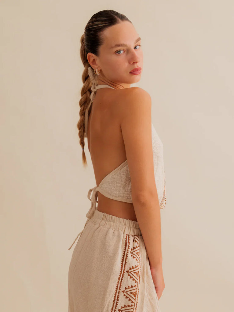 Ellie Top — beige linen halter top on model — MYFASHIONFRUIT