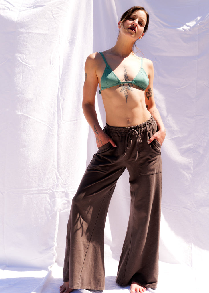 Serenity Wide Sweatpants — Brown wide leg pants on model — MYFASHIONFRUIT