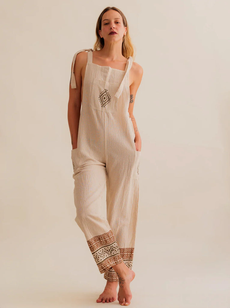 Sophia Dungarees — Beige linen dungarees with print detail, on model — MYFASHIONFRUIT